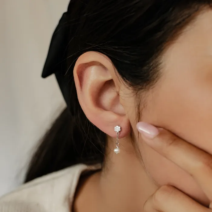 Hey Happiness Flower and Pearl Drop Stud Earrings Sterling Silver Earrings Hey Happiness Flower and Pearl Drop Stud Earrings Sterling Silver Earrings
