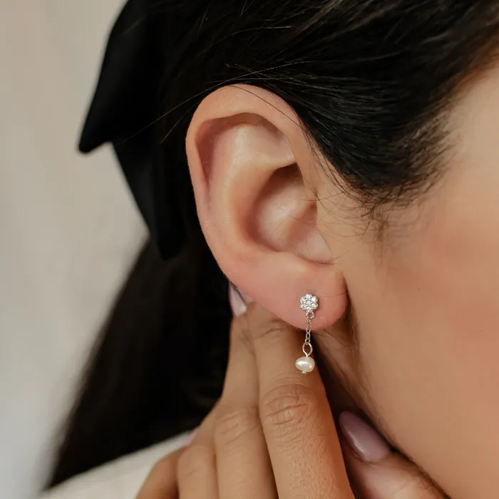 Hey Happiness Flower and Pearl Drop Stud Earrings Sterling Silver Earrings Hey Happiness Flower and Pearl Drop Stud Earrings Sterling Silver Earrings