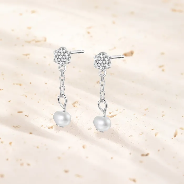 Hey Happiness Flower and Pearl Drop Stud Earrings Sterling Silver Earrings Hey Happiness Flower and Pearl Drop Stud Earrings Sterling Silver Earrings
