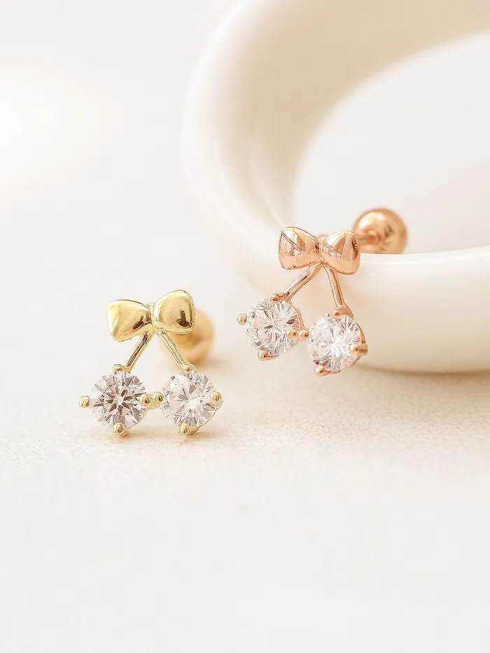 MinimalBijoux Earrings 14K Gold Ribbon Cherry Cartilage Earring 20G