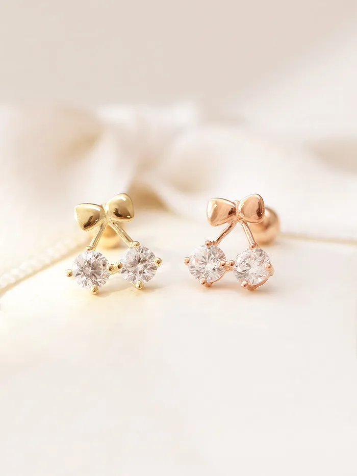 MinimalBijoux Earrings 14K Gold Ribbon Cherry Cartilage Earring 20G