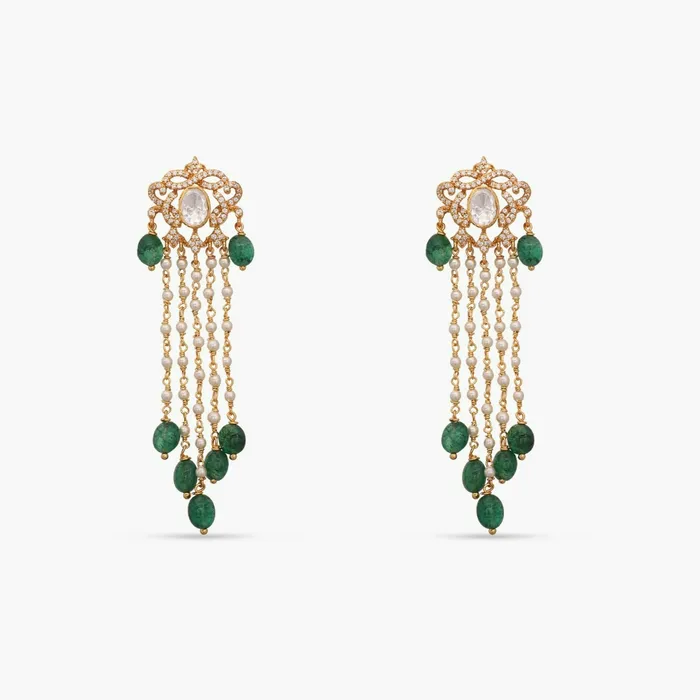 Earrings SILVER Anya Gold Plated Moissaanite and Pearl Chain Silver Earrings Earrings SILVER Anya Gold Plated Moissaanite and Pearl Chain Silver Earrings
