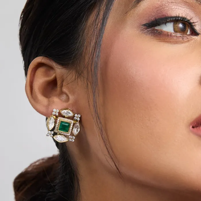 Gauhar Moissanites and Gemstone Silver Stud Earrings SILVER Earrings