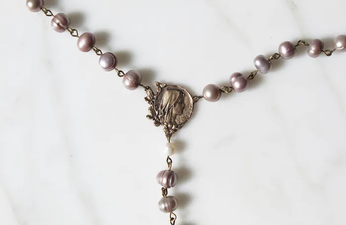 TheLittleCatholic Earrings Ave Maria Pearl Rosary