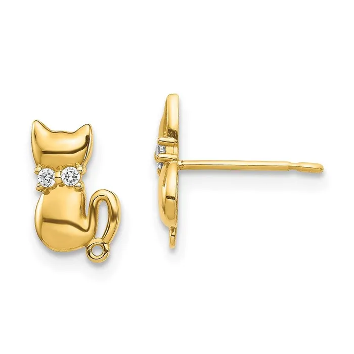 14K Sitting Cat CZ Bowtie Stud Earrings Jewelry Earrings