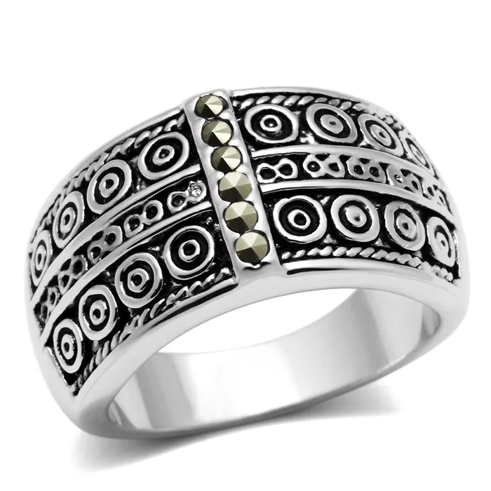 3W239 Rhodium Brass Ring with SemiPrecious Marcasite in Black Diamond Alamode Rings