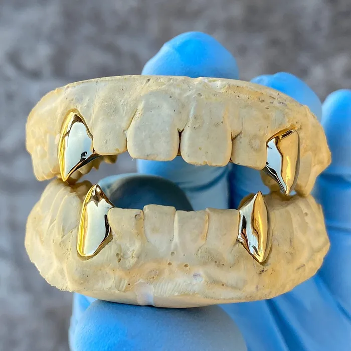 Bling Cartel Admin Real Solid 14K Gold 4 Custom Vampire Fangs wBack Bars Grillz PreStyled Sets