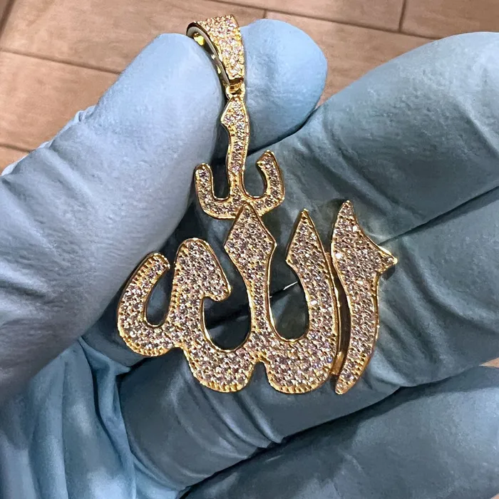 Bling Cartel Necklaces 14K Gold Plated 925 Sterling Silver Allah Muslim Pendant Iced Flooded Out Micro Pave CZ