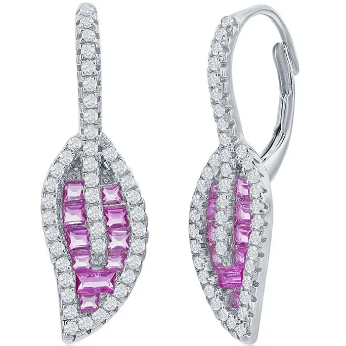 Classic Earrings Classic Womens Earrings Light Ruby Baguette and Round CZ Leaf Lever Back D8160 Classic Earrings Classic Womens Earrings Light Ruby Baguette and Round CZ Leaf Lever Back D8160