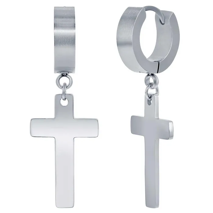 Classic Earrings Mens Earrings Stainless Steel Cross Charm Polished Huggie Hoop SA6084 Classic Earrings Mens Earrings Stainless Steel Cross Charm Polished Huggie Hoop SA6084