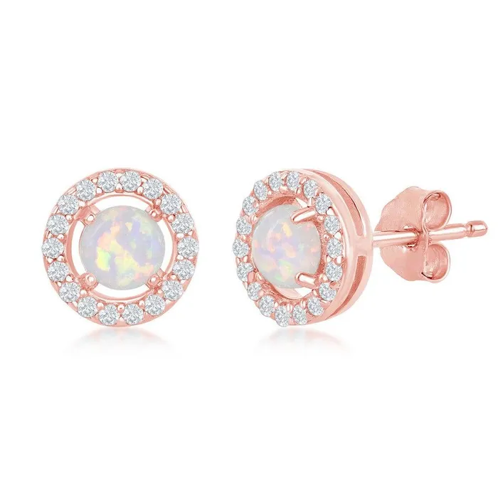 Classic Earrings Sterling Silver Rose GP FourProng White Opal Halo Earrings Classic Earrings Sterling Silver Rose GP FourProng White Opal Halo Earrings