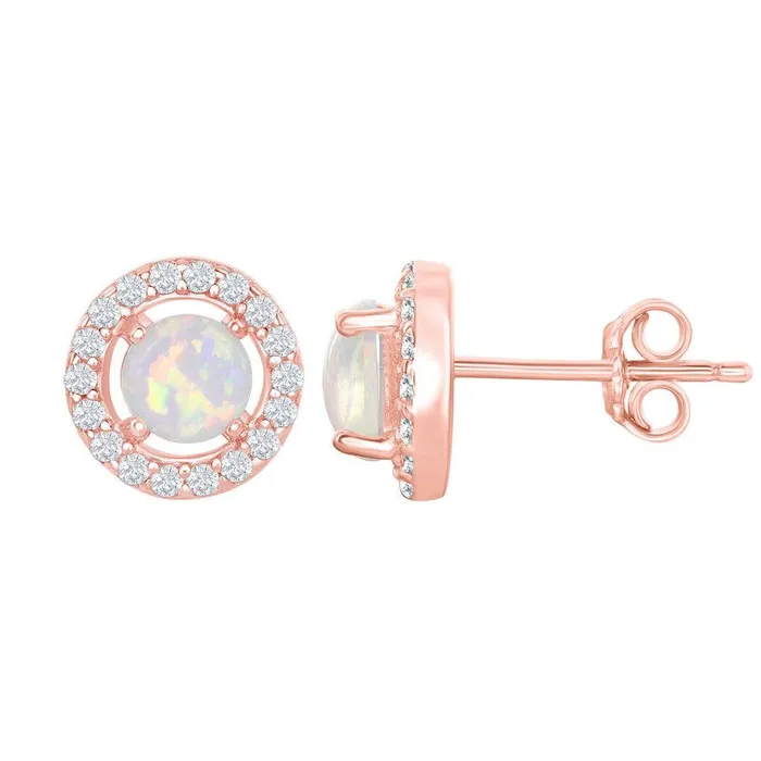 Classic Earrings Sterling Silver Rose GP FourProng White Opal Halo Earrings Classic Earrings Sterling Silver Rose GP FourProng White Opal Halo Earrings
