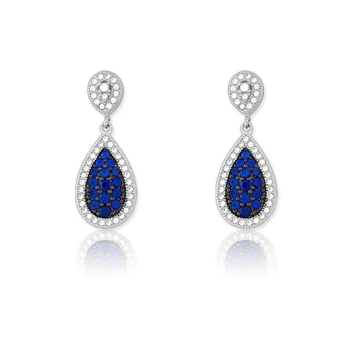 Classic Earrings Sterling Silver Tear Shaped Sapphire Pave Earrings