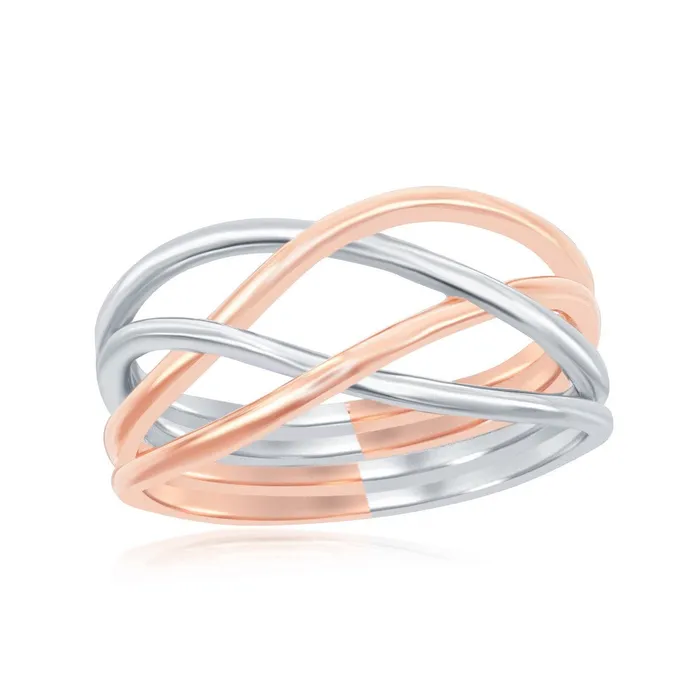 Classic Rings Sterling Silver Rhodium and Rose GP Interlocking Ring W1944