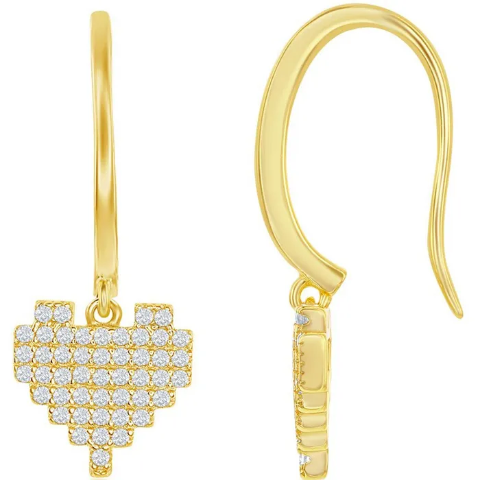 Classic Womens Earrings Gold Plated White CZ Pixel Heart Leverback D7851GP Classic Earrings Classic Womens Earrings Gold Plated White CZ Pixel Heart Leverback D7851GP Classic Earrings