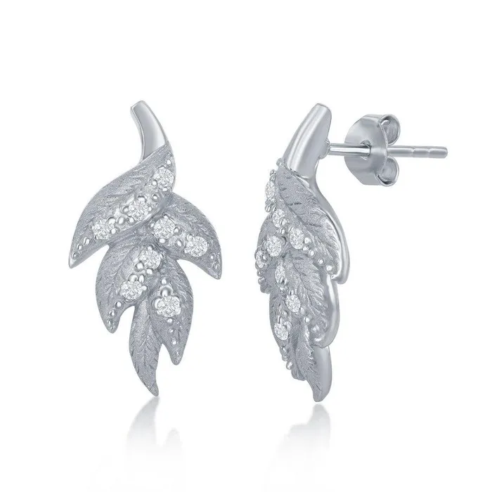Earrings Classic Sterling Silver Leaf Diamond Sanded Stud Earrings
