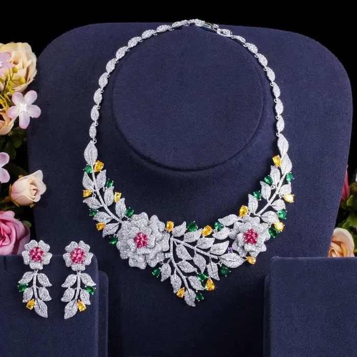 Earrings Divine Inspiration Styles CWW Womens Fashion Rose Flower Wedding Necklace Earrings Jewelry Set
