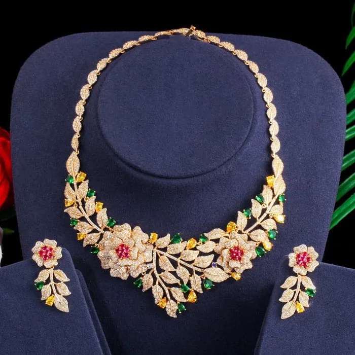 Earrings Divine Inspiration Styles CWW Womens Fashion Rose Flower Wedding Necklace Earrings Jewelry Set