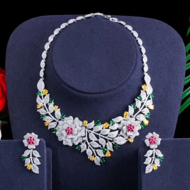 Earrings Divine Inspiration Styles CWW Womens Fashion Rose Flower Wedding Necklace Earrings Jewelry Set