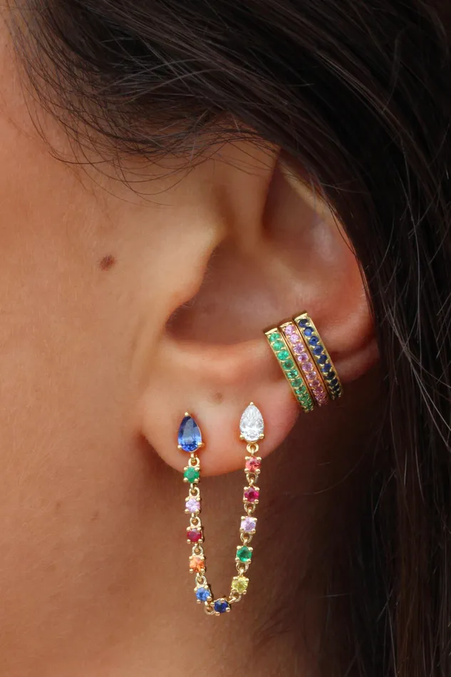 Earrings DOUBLE PIERCING LOOP EARRING WITH DIAMOND AND BLUE SAPPHIRE PEAR STUDS anitako