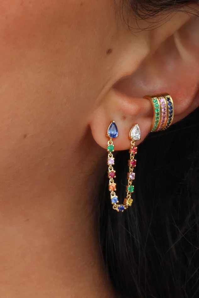 Earrings DOUBLE PIERCING LOOP EARRING WITH DIAMOND AND BLUE SAPPHIRE PEAR STUDS anitako