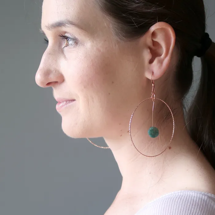 Earrings Moss Agate Earrings Green Flower Power Hoops of Copper Satin Crystals