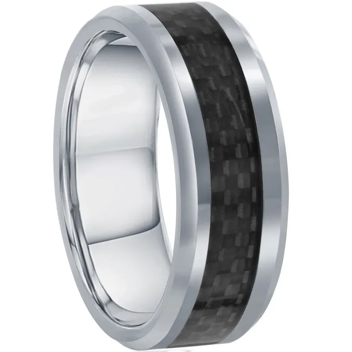 Mens Ring Silver Tungsten with Black Carbon Fiber Size 9 SW20729 Classic Rings