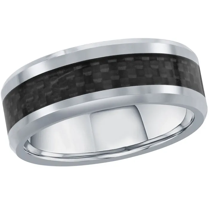 Mens Ring Silver Tungsten with Black Carbon Fiber Size 9 SW20729 Classic Rings