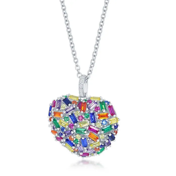Necklaces Classic Sterling Silver Rainbow Baguette CZ Puffed Heart Necklace