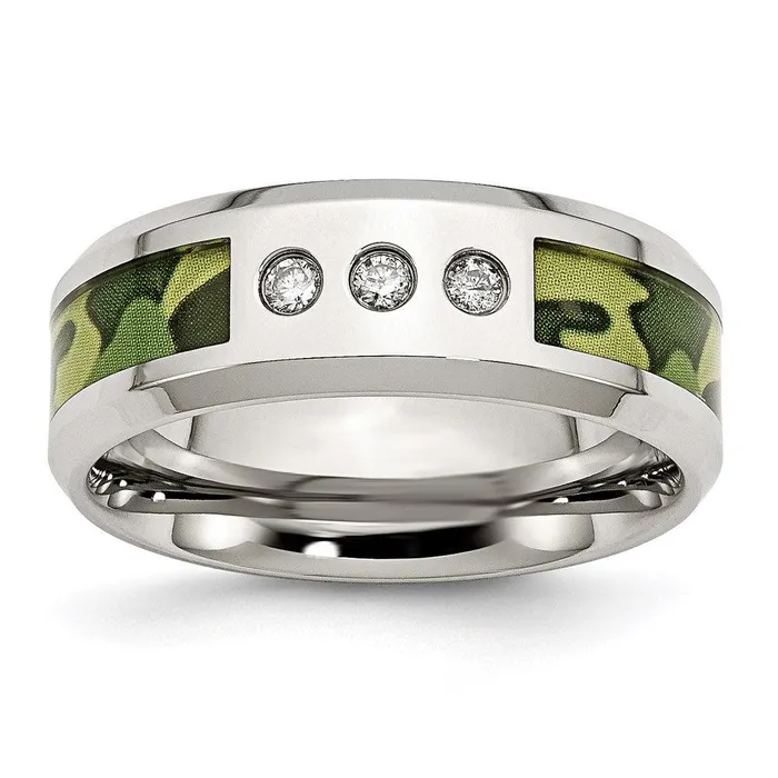 Rings Chisel Stainless Steel Polished Camouflage Diamond Band