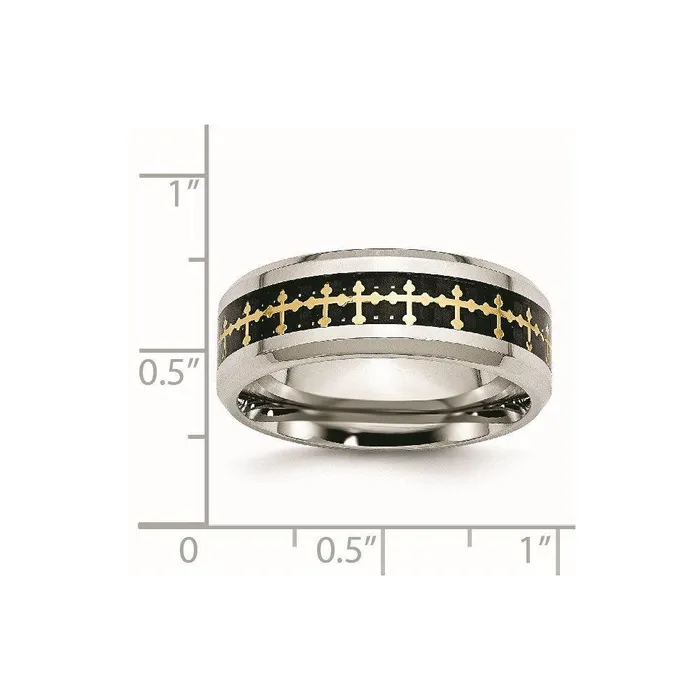 Rings Chisel Stainless Steel Polished wCarbon Fiber InlayYellow IPplated Cross Ring