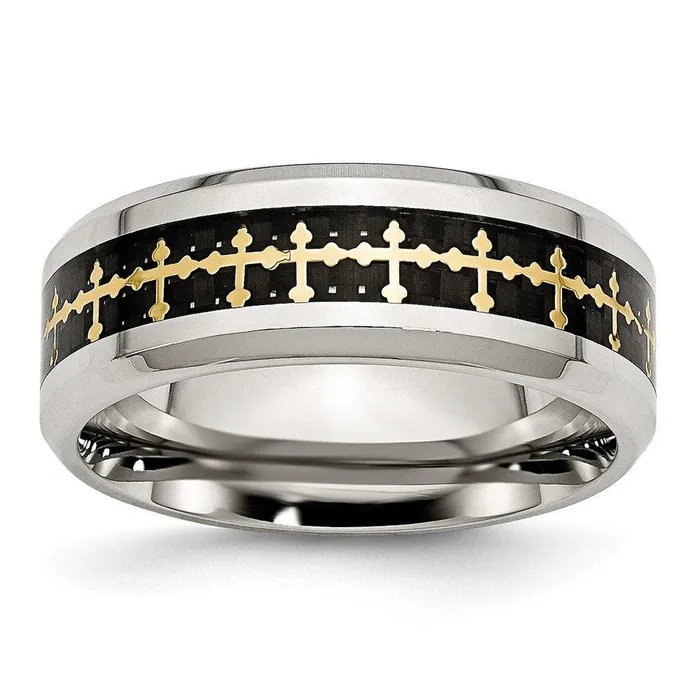 Rings Chisel Stainless Steel Polished wCarbon Fiber InlayYellow IPplated Cross Ring