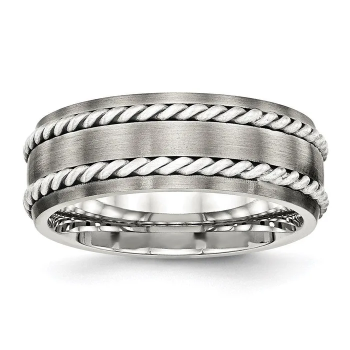 Stainless Steel Brushed wSilver Double Twist Inlay Ring Chisel Rings