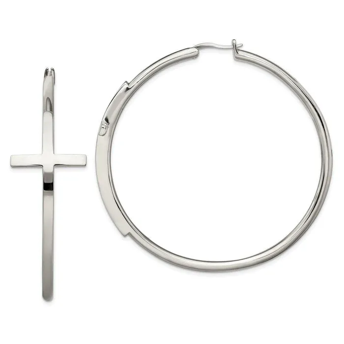 Stainless Steel Polished Large Cross Hoop Earrings Chisel Earrings