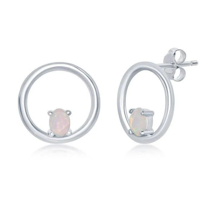 Sterling Silver Open Circle with FourProng White Opal Stud Earrings Classic Earrings Sterling Silver Open Circle with FourProng White Opal Stud Earrings Classic Earrings