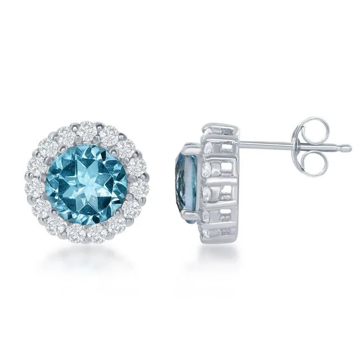 Sterling Silver Round Center Blue Topaz with White Topaz Large Stud Earrings Classic Earrings Sterling Silver Round Center Blue Topaz with White Topaz Large Stud Earrings Classic Earrings