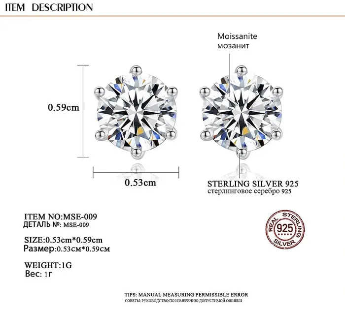 VVS Jewelry 925 Sterling Silver VVS 1 Carat Moissanite Stud Earrings Earrings