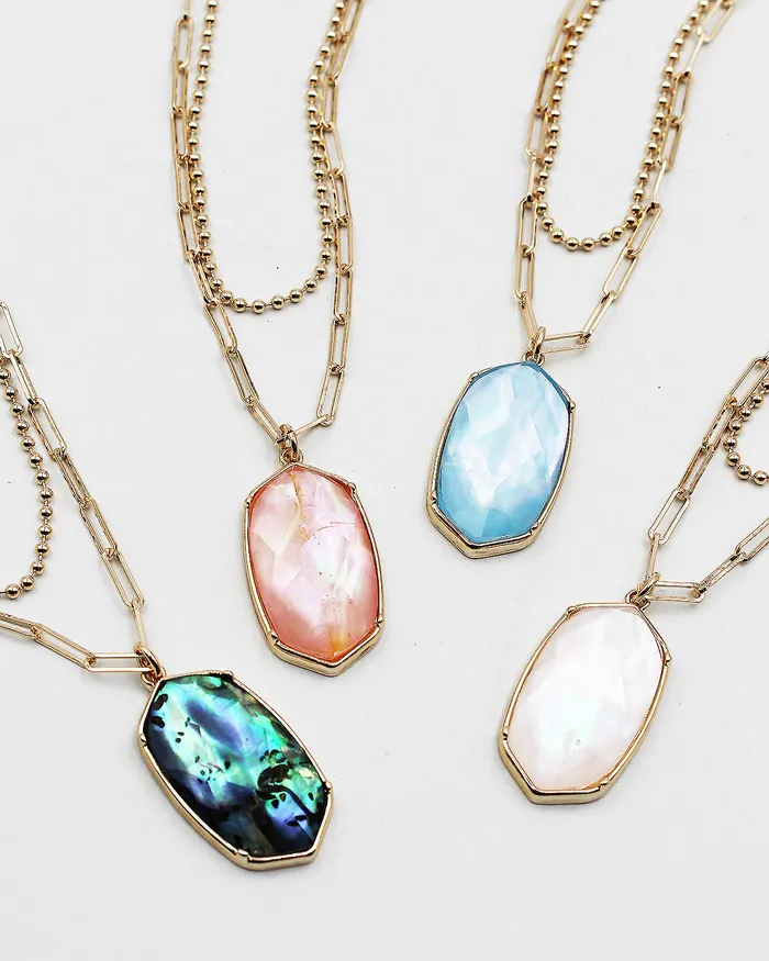 04022023 Necklaces Abalone Texture Hexagon Charm Double Layered Necklace