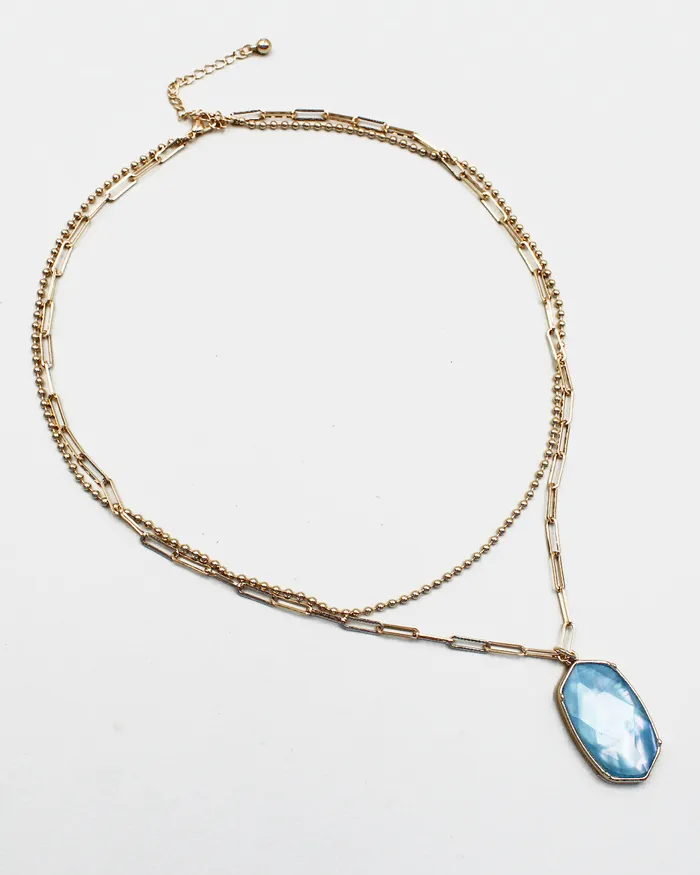 04022023 Necklaces Abalone Texture Hexagon Charm Double Layered Necklace