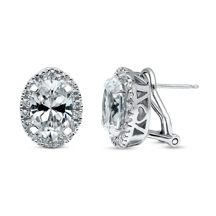 BERRICLE Earrings Halo Oval CZ Omega Back Stud Earrings in Sterling Silver