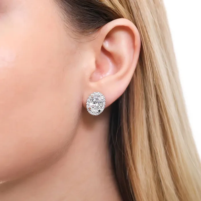 BERRICLE Earrings Halo Oval CZ Omega Back Stud Earrings in Sterling Silver