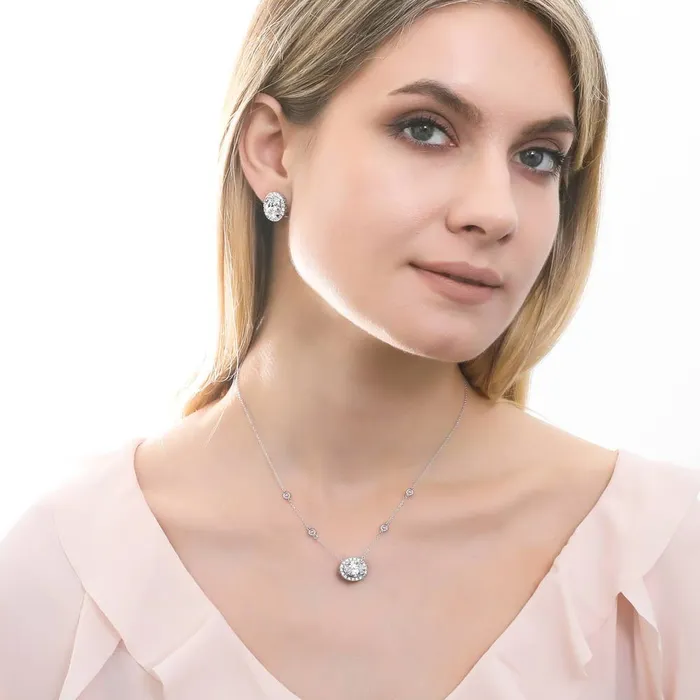 BERRICLE Earrings Halo Oval CZ Omega Back Stud Earrings in Sterling Silver