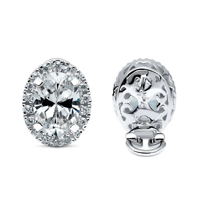 BERRICLE Earrings Halo Oval CZ Omega Back Stud Earrings in Sterling Silver