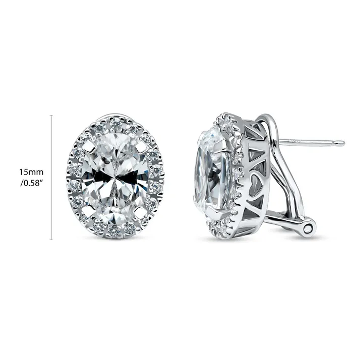 BERRICLE Earrings Halo Oval CZ Omega Back Stud Earrings in Sterling Silver
