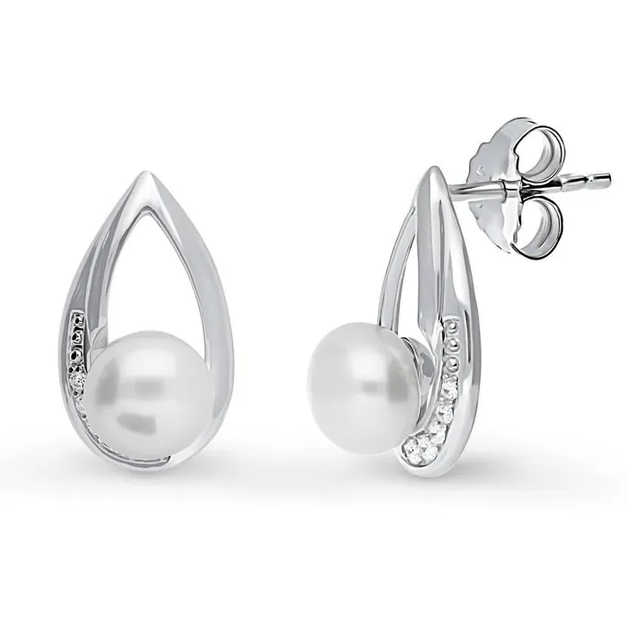 BERRICLE Earrings Solitaire Teardrop Button Cultured Pearl Set in Sterling Silver