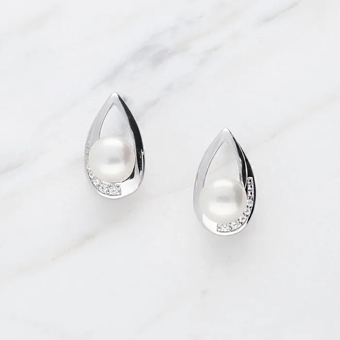 BERRICLE Earrings Solitaire Teardrop Button Cultured Pearl Set in Sterling Silver