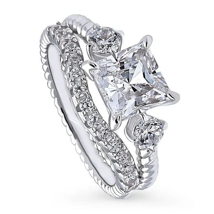BERRICLE Rings 3Stone Woven 2ct Princess CZ Ring Set in Sterling Silver