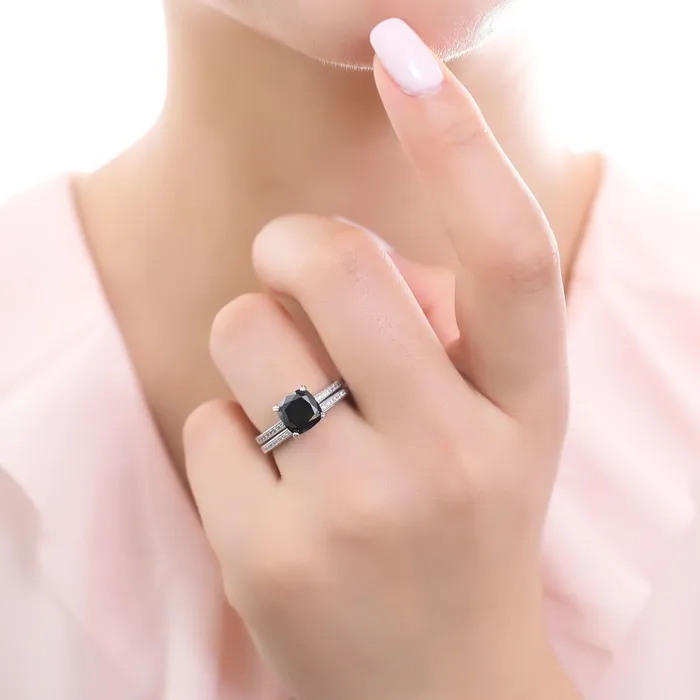 BERRICLE Rings Solitaire Black Cushion CZ Stackable Ring Set in Sterling Silver