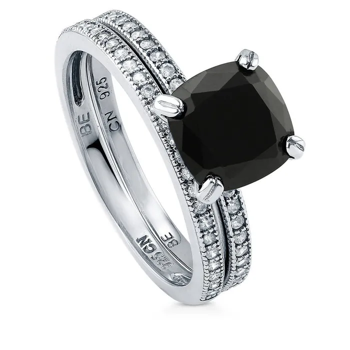 BERRICLE Rings Solitaire Black Cushion CZ Stackable Ring Set in Sterling Silver