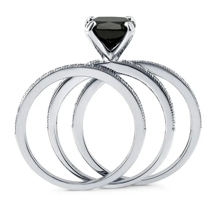 BERRICLE Rings Solitaire Black Cushion CZ Stackable Ring Set in Sterling Silver